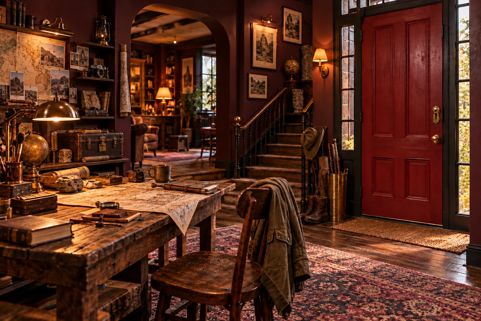 Illustration of an amateur adventurer’s home with maps, inherited expedition objects and a red timber door.